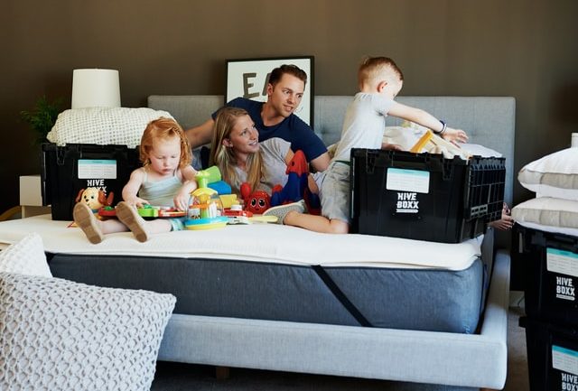 A family unwinding together after a day of remodeling.